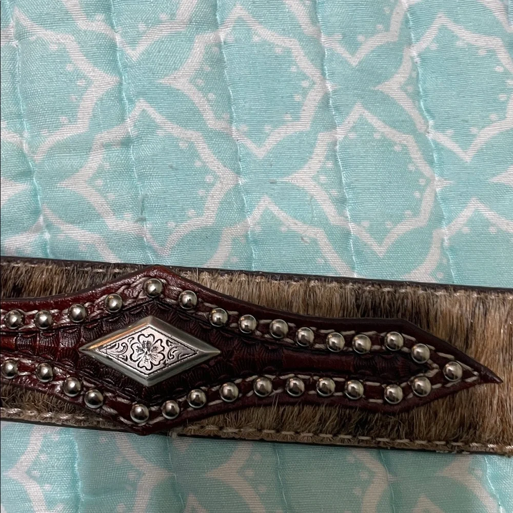 tooled leather engraved silver calf hair belt with silver studs and churros